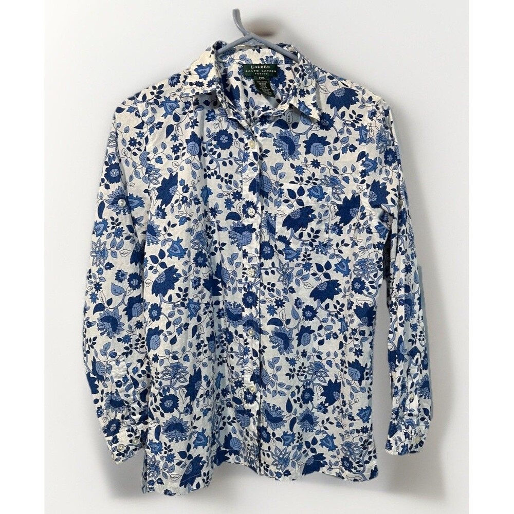 Lauren Ralph Lauren Blue White Floral Cotton Button-Up Blouse Women’s Size M